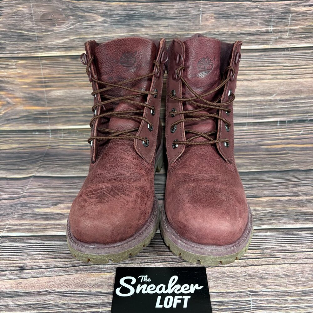 Timberland Women's 6 Inch Premium D Ring Burgundy Leather Suede Boots Size 9 - Picture 2 of 8